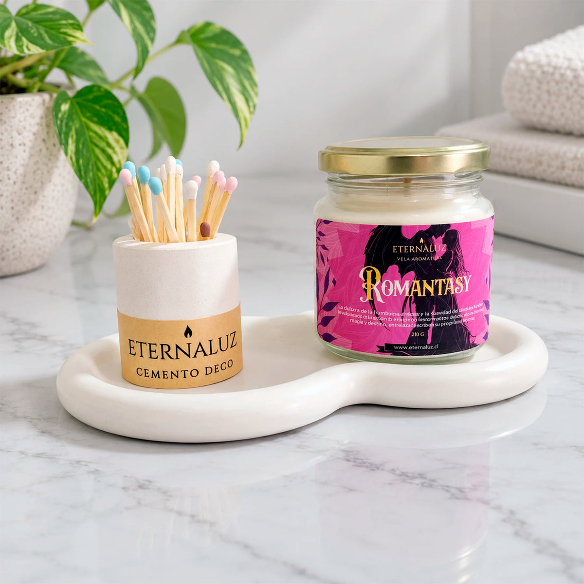 Set de bandeja y portafósforos de cemento artesanal para organizar velas y accesorios