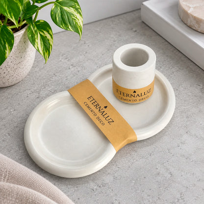 Set de bandeja y portafósforos de cemento artesanal para organizar velas y accesorios