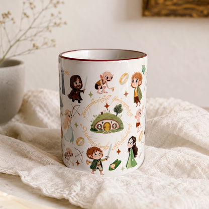 Taza sublimada de cerámica 11 oz inspirada en El Señor de los Anillos, con diseños de personajes y detalles mágicos.