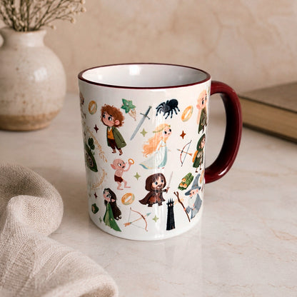 Taza sublimada de cerámica 11 oz inspirada en El Señor de los Anillos, con diseños de personajes y detalles mágicos.