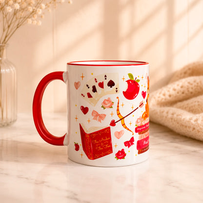 Taza literaria sublimada de cerámica 325ml inspirada en una historia romantasy la balada del arquero y zorro, con diseño de rosas, cartas, libros y detalles rojos.