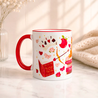 Taza literaria sublimada de cerámica 325ml inspirada en una historia romantasy la balada del arquero y zorro, con diseño de rosas, cartas, libros y detalles rojos.