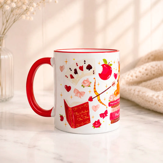 Taza literaria sublimada de cerámica 325ml inspirada en una historia romantasy la balada del arquero y zorro, con diseño de rosas, cartas, libros y detalles rojos.