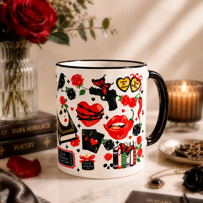 Taza literaria sublimada de cerámica 325 ml, Dark Romance con diseño gótico, rosas rojas, libros, corazones, mariposas, calaveras y detalles negros.