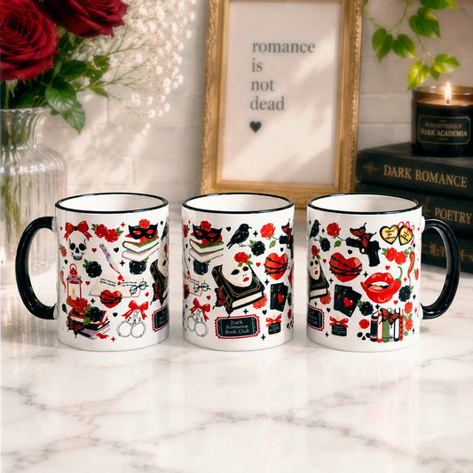 Taza literaria sublimada de cerámica 325 ml, Dark Romance con diseño gótico, rosas rojas, libros, corazones, mariposas, calaveras y detalles negros.