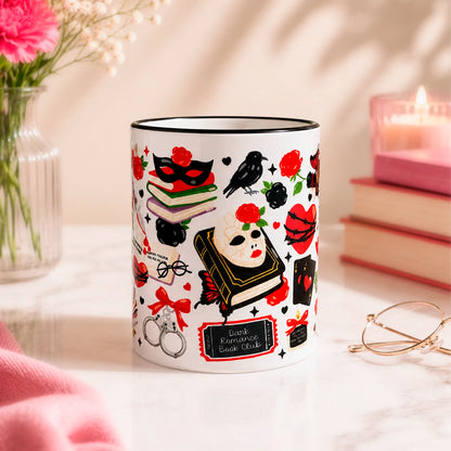Taza literaria sublimada de cerámica 325 ml, Dark Romance con diseño gótico, rosas rojas, libros, corazones, mariposas, calaveras y detalles negros.