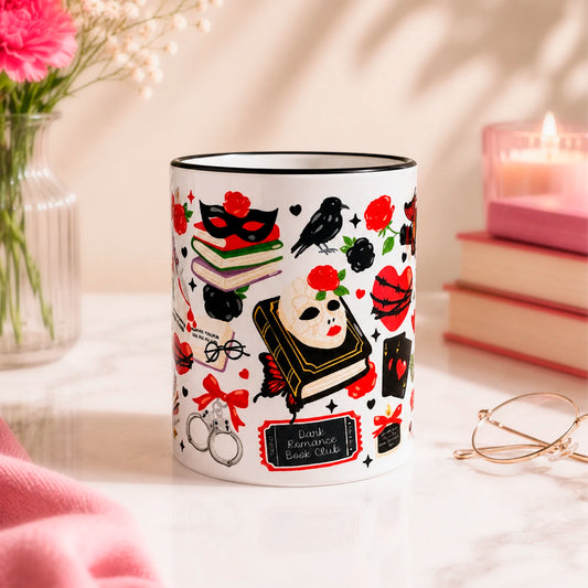 Taza literaria sublimada de cerámica 325 ml, Dark Romance con diseño gótico, rosas rojas, libros, corazones, mariposas, calaveras y detalles negros.