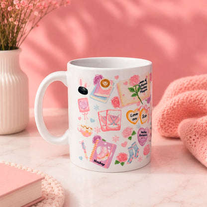 Taza literaria de cerámica 11 oz Hockey Romance con diseño de libros, patines, stick de hockey, rosas, corazones y detalles rosados.