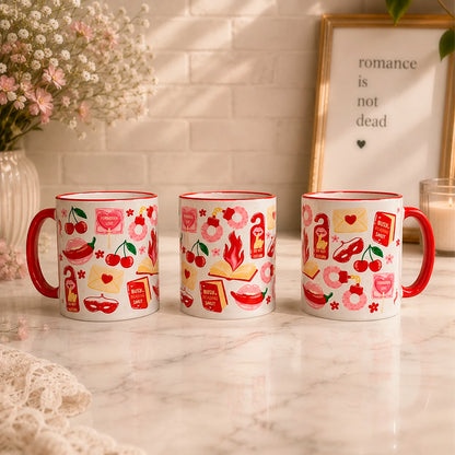 Taza literaria sublimada de cerámica 11 oz Spicy Reader con diseño romántico y coqueto para lectoras de romance spicy, romantasy y dark romance.