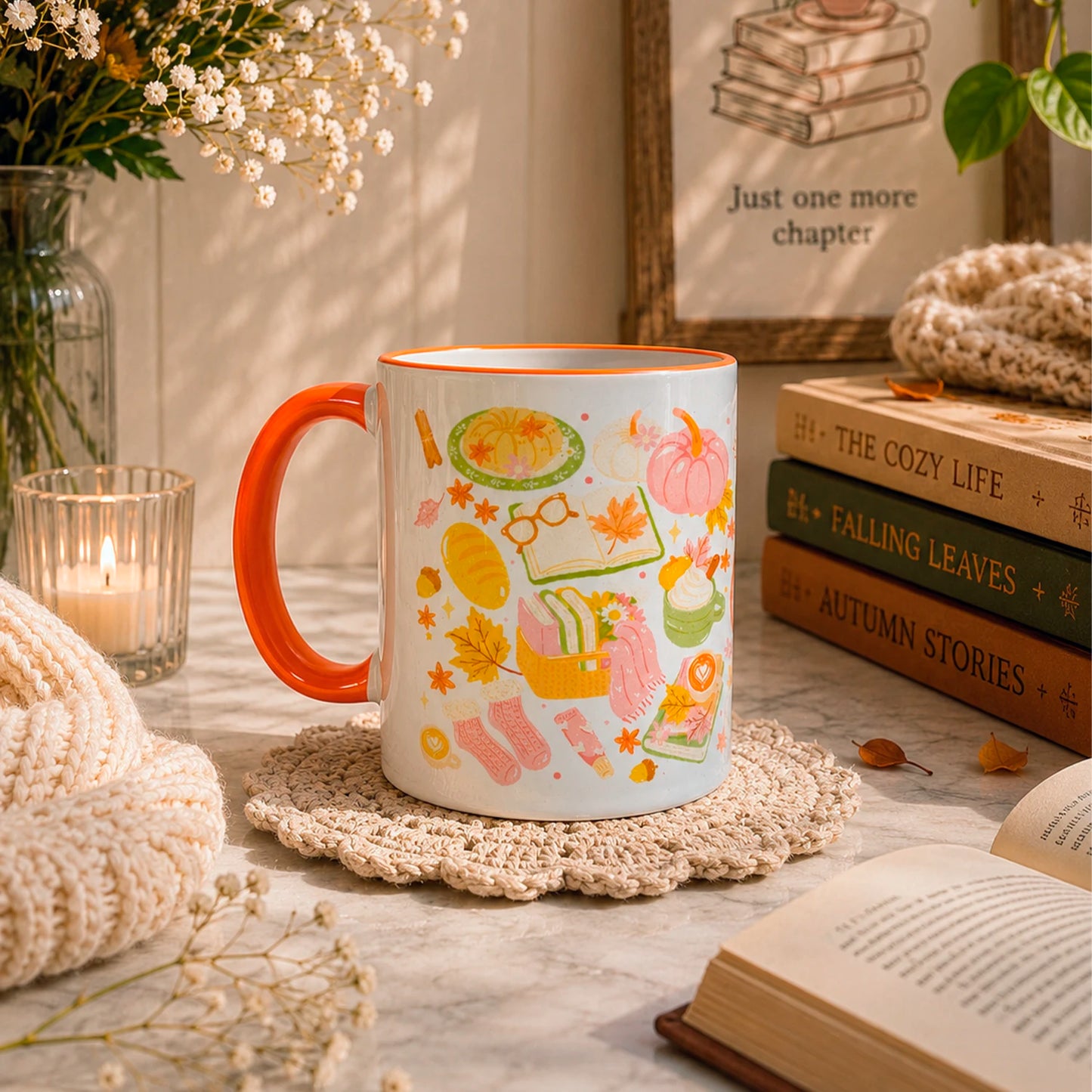 Taza sublimada de cerámica 11 oz Tarde de Otoño con diseño cozy de libros, hojas otoñales, calabazas, flores y té.