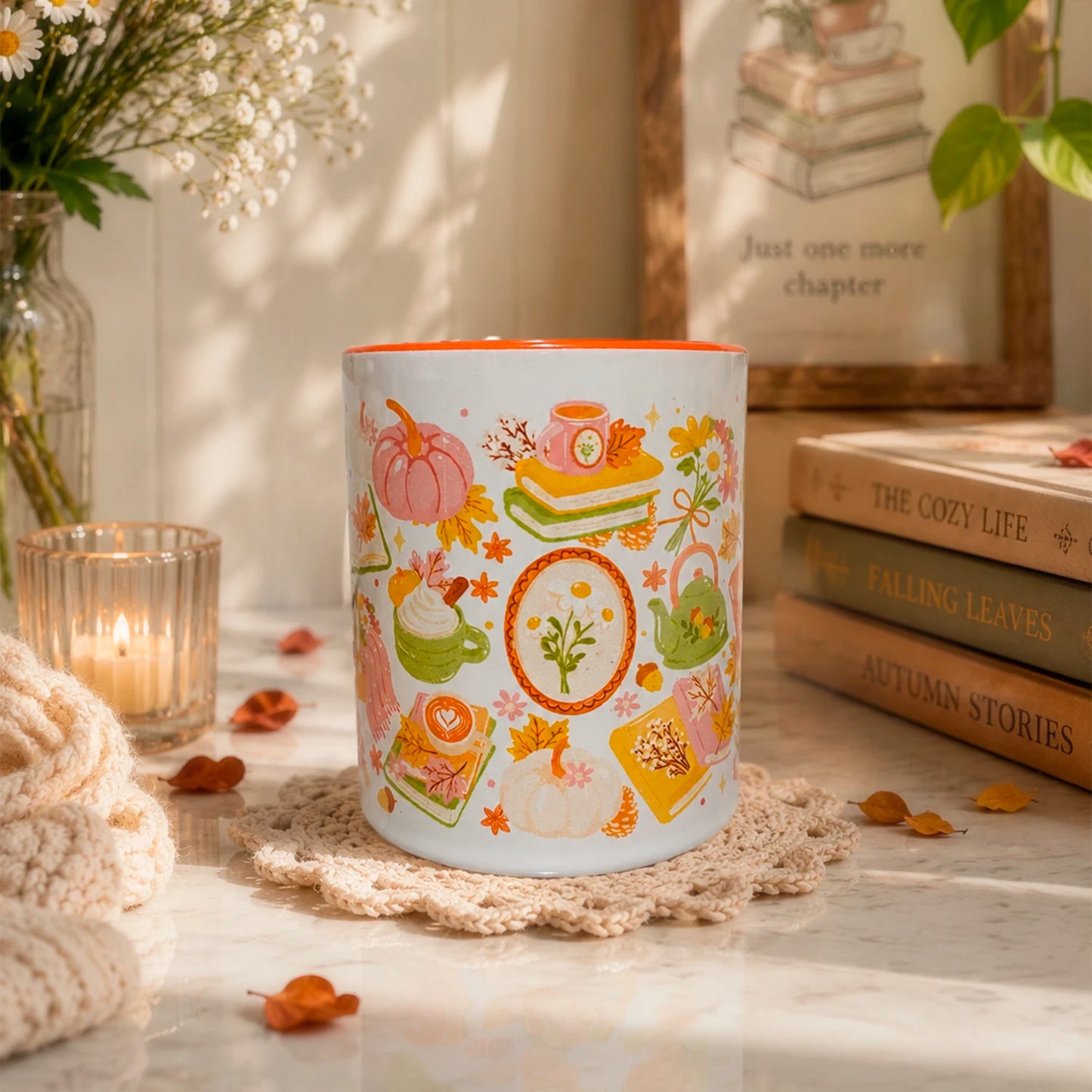 Taza sublimada de cerámica 11 oz Tarde de Otoño con diseño cozy de libros, hojas otoñales, calabazas, flores y té.