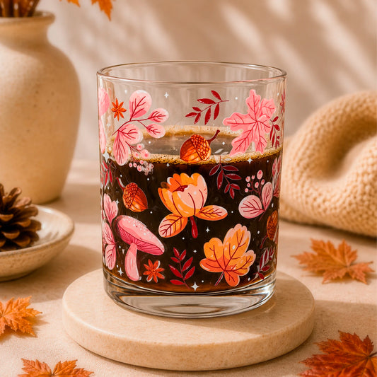 Taza de vidrio transparente 340 ml con diseño DTF UV de hojas otoñales, bellotas, hongos y flores en tonos naranjos y rosados.