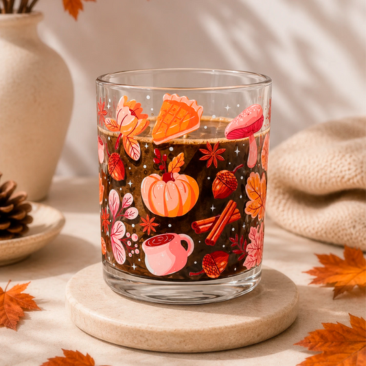 Taza de vidrio transparente 340 ml Pumpkin Cozy con diseño DTF UV de calabazas, hojas otoñales, canela, bellotas y pie de calabaza.