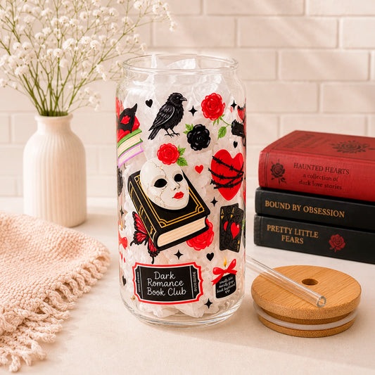 Vaso de vidrio transparente Dark Romance 500 ml con tapa de bambú, bombilla de vidrio y diseño gótico con rosas, corazones y detalles oscuros.