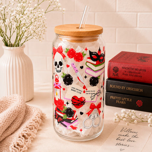 Vaso de vidrio transparente Dark Romance 500 ml con tapa de bambú, bombilla de vidrio y diseño gótico con rosas, corazones y detalles oscuros.