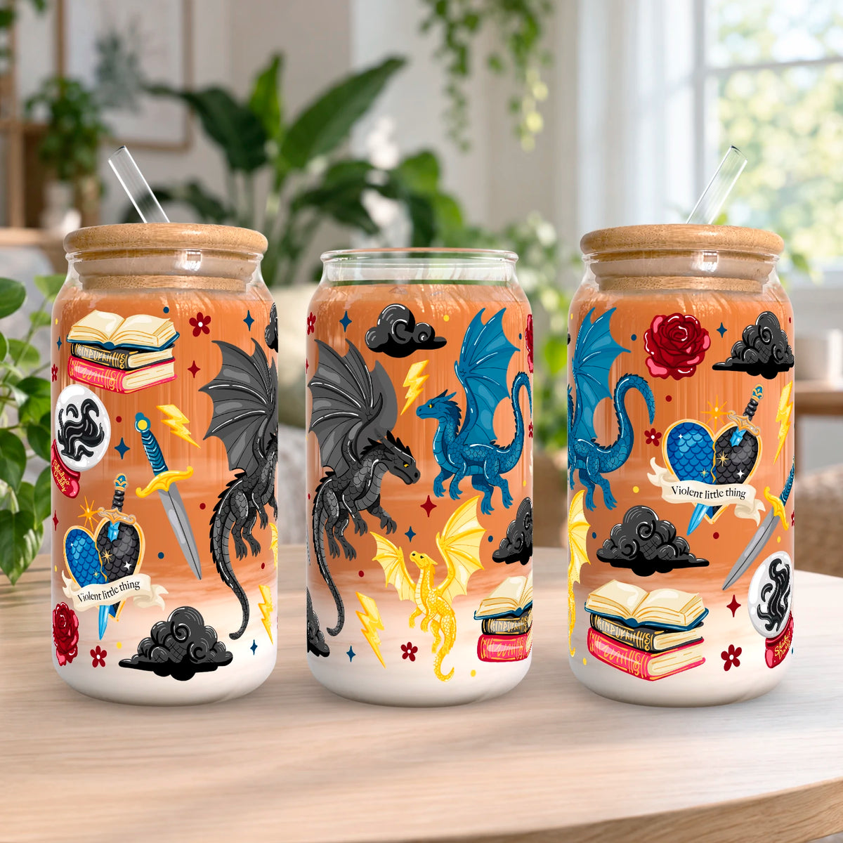 Vaso de vidrio transparente Dragones de Basgiath 500 ml con tapa de bambú, bombilla de vidrio y diseño inspirado en Alas de Sangre.