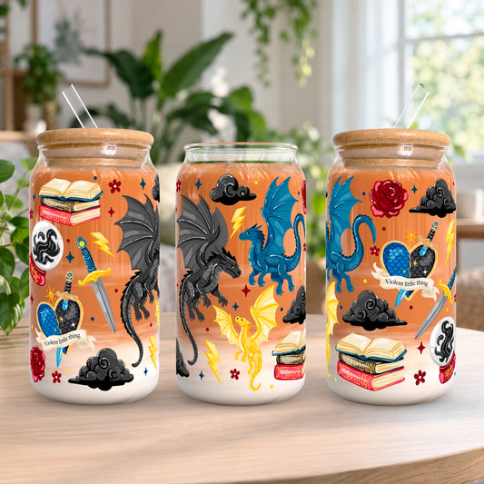 Vaso de vidrio transparente Dragones de Basgiath 500 ml con tapa de bambú, bombilla de vidrio y diseño inspirado en Alas de Sangre.