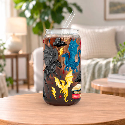 Vaso de vidrio transparente Dragones de Basgiath 500 ml con tapa de bambú, bombilla de vidrio y diseño inspirado en Alas de Sangre.