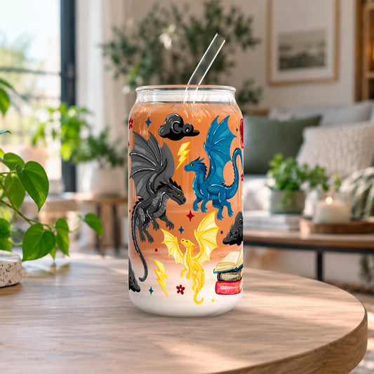 Vaso de vidrio transparente Dragones de Basgiath 500 ml con tapa de bambú, bombilla de vidrio y diseño inspirado en Alas de Sangre.