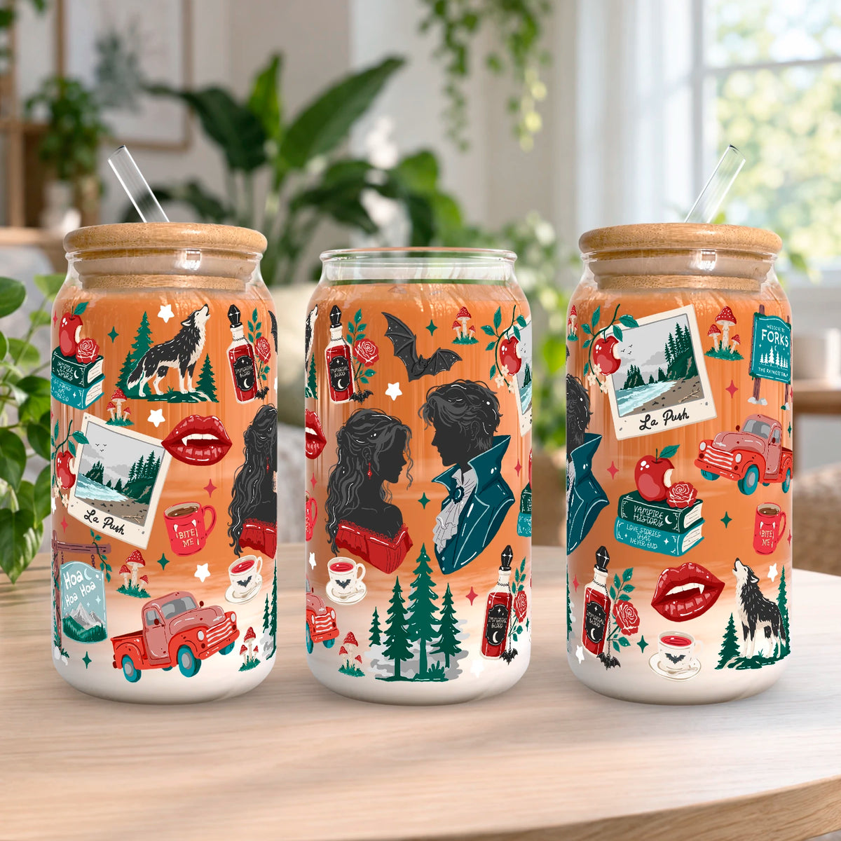 Vaso de vidrio transparente Forks, Washington 500 ml con tapa de bambú, bombilla de vidrio y diseño inspirado en Crepúsculo con vampiros, lobos, manzanas, bosque y detalles rojos.