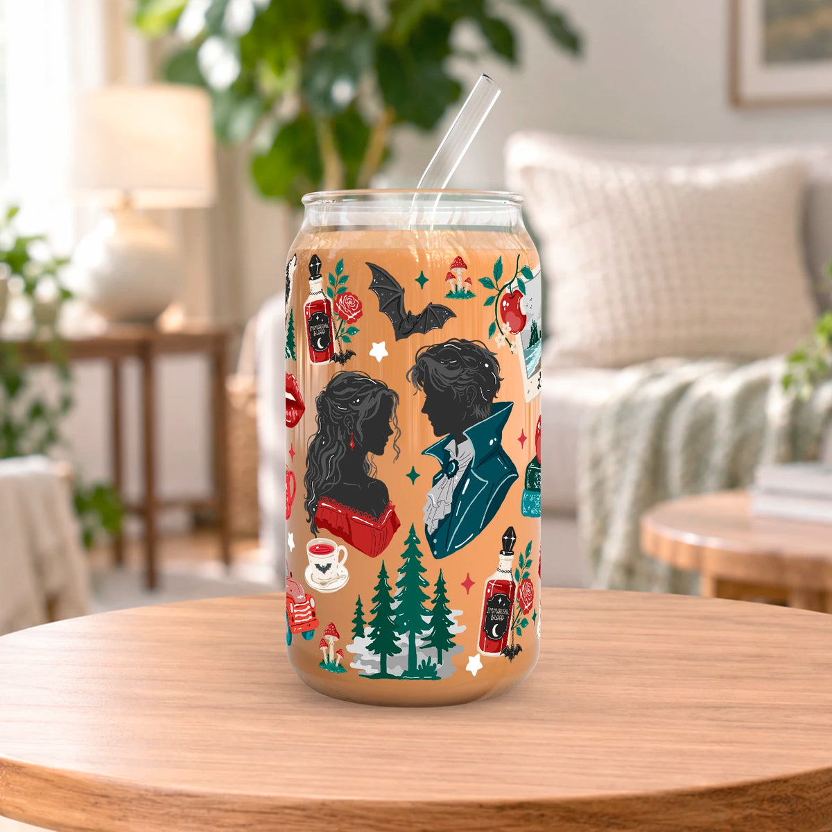 Vaso de vidrio transparente Forks, Washington 500 ml con tapa de bambú, bombilla de vidrio y diseño inspirado en Crepúsculo con vampiros, lobos, manzanas, bosque y detalles rojos.