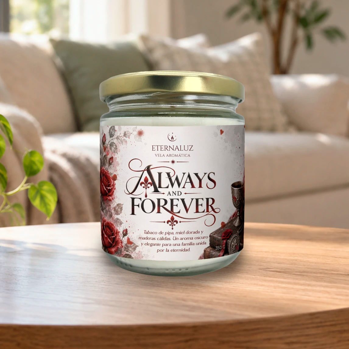 Vela aromática Always and Forever con tabaco de pipa, miel dorada y maderas cálidas, inspirada en The Originals