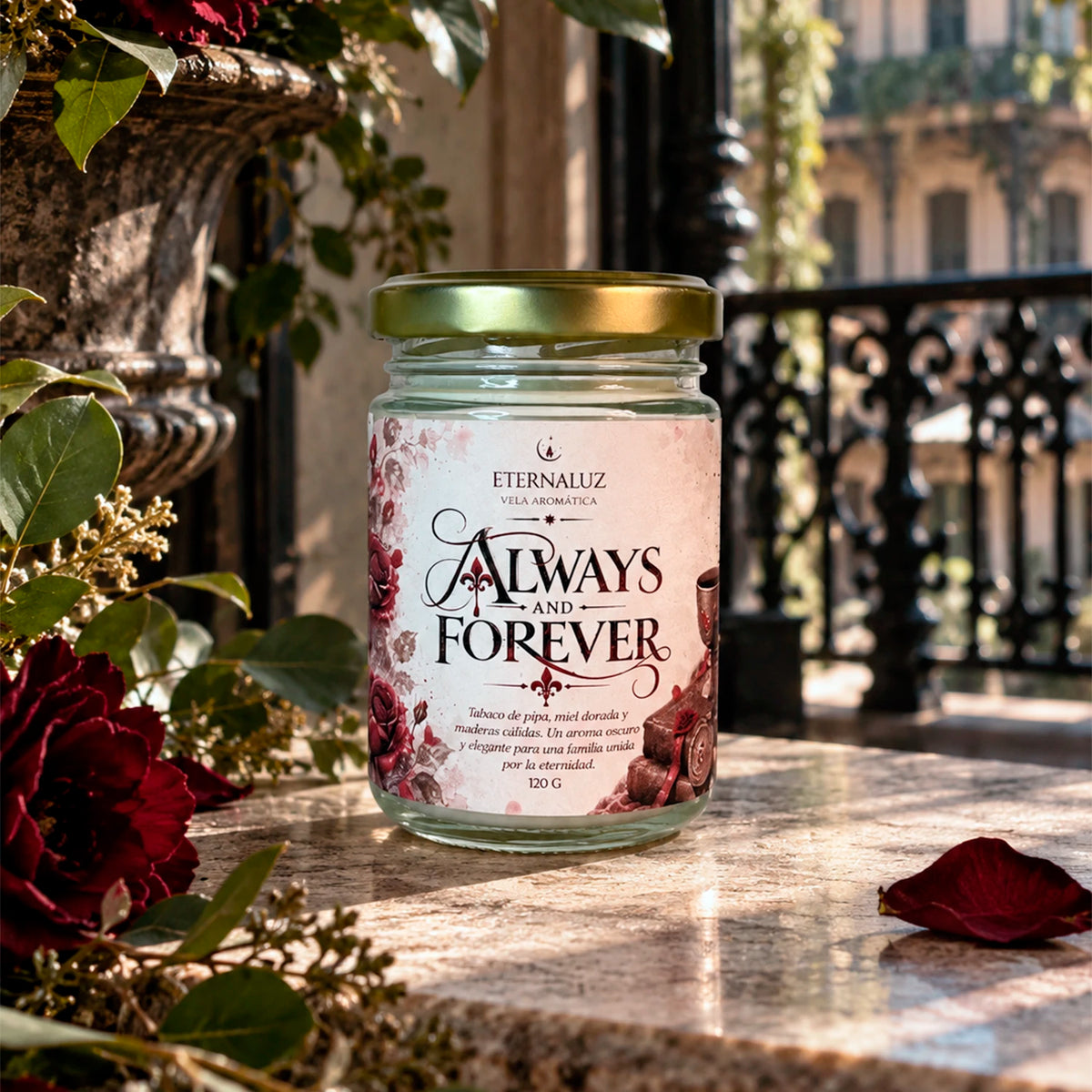 Vela aromática Always and Forever con tabaco de pipa, miel dorada y maderas cálidas, inspirada en The Originals