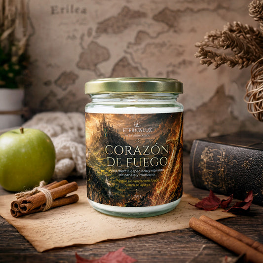 Vela aromática Corazón de Fuego con aroma a manzana verde, canela, azúcar caramelizada y madera cálida, inspirada en Aelin Galathynius