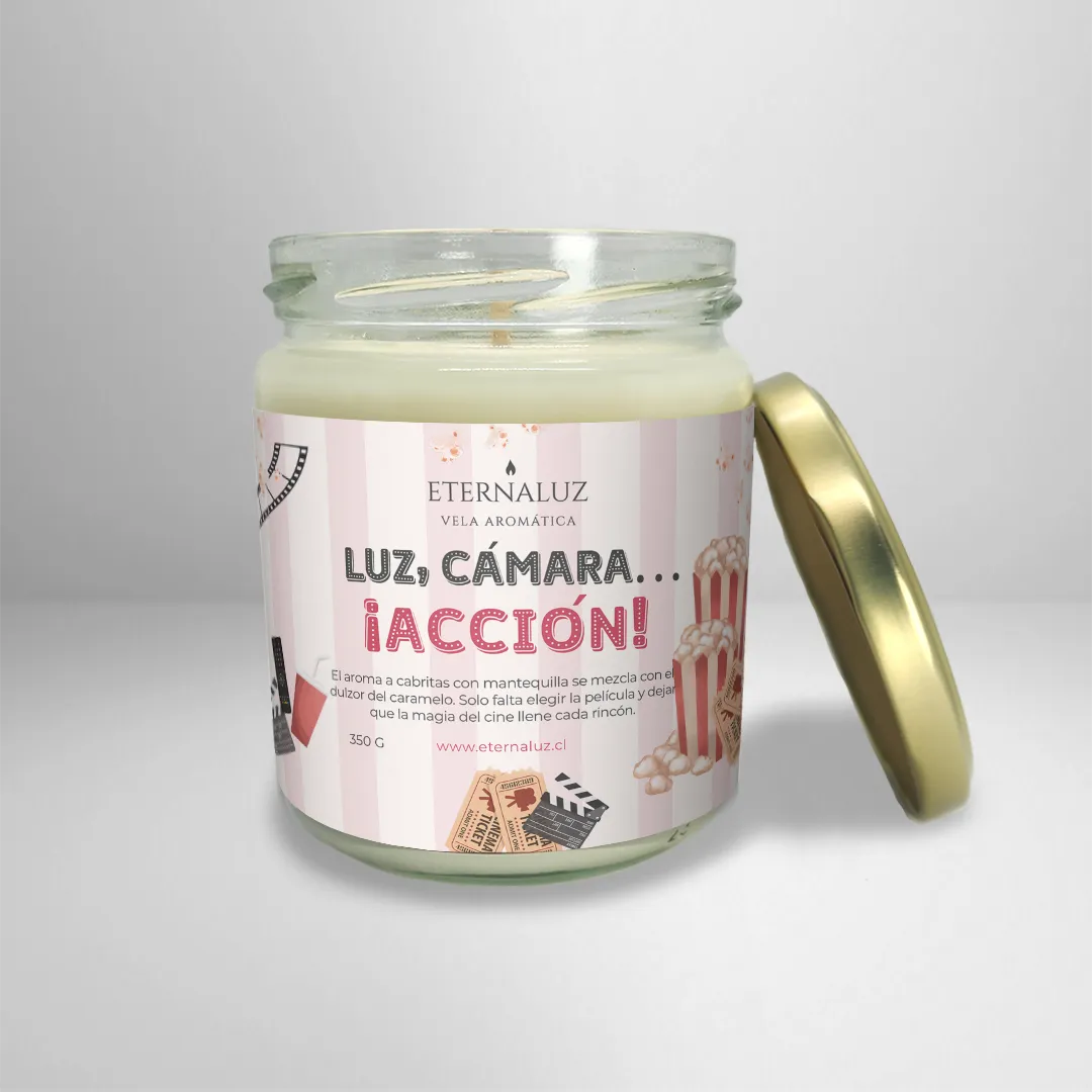 Vela aromática Eternaluz con aroma a palomitas con mantequilla, ideal para noches de cine en casa