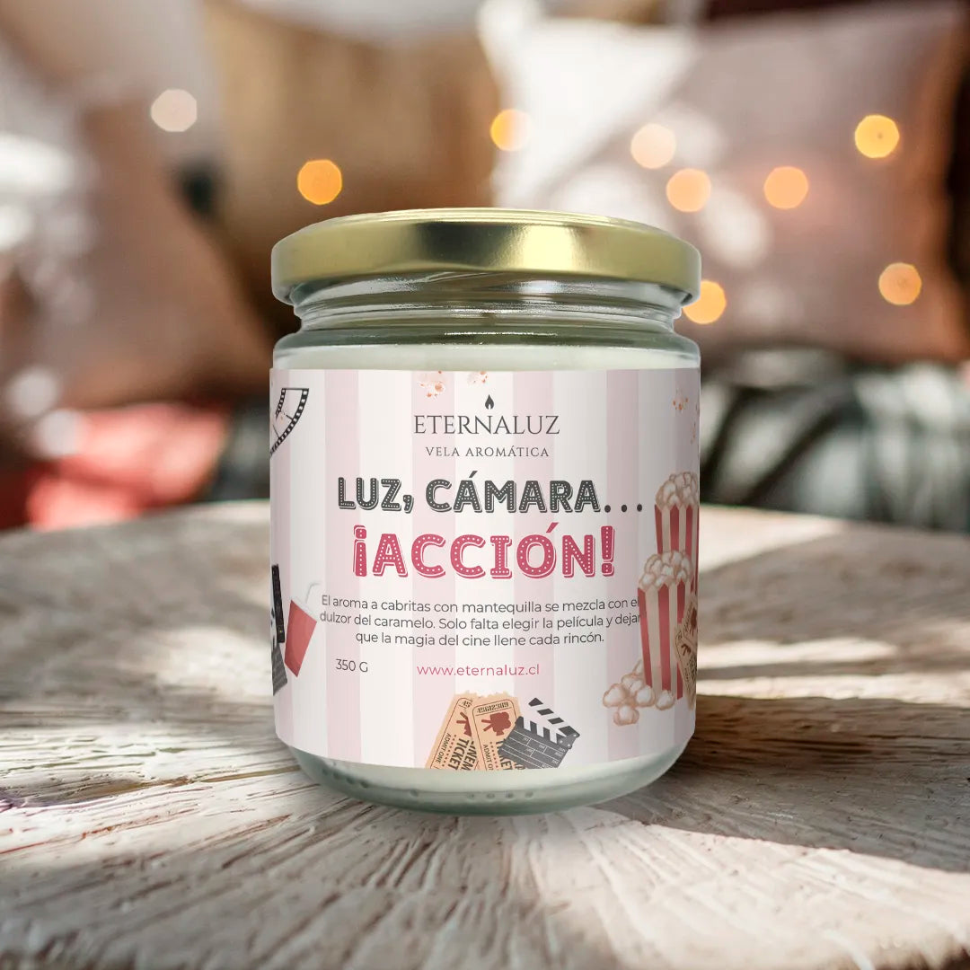 Vela aromática Eternaluz con aroma a palomitas con mantequilla, ideal para noches de cine en casa