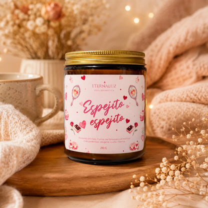 Vela aromática inspirada en Blancanieves, con notas de cítricos, durazno y almizcle, para momentos de autocuidado y amor propio.