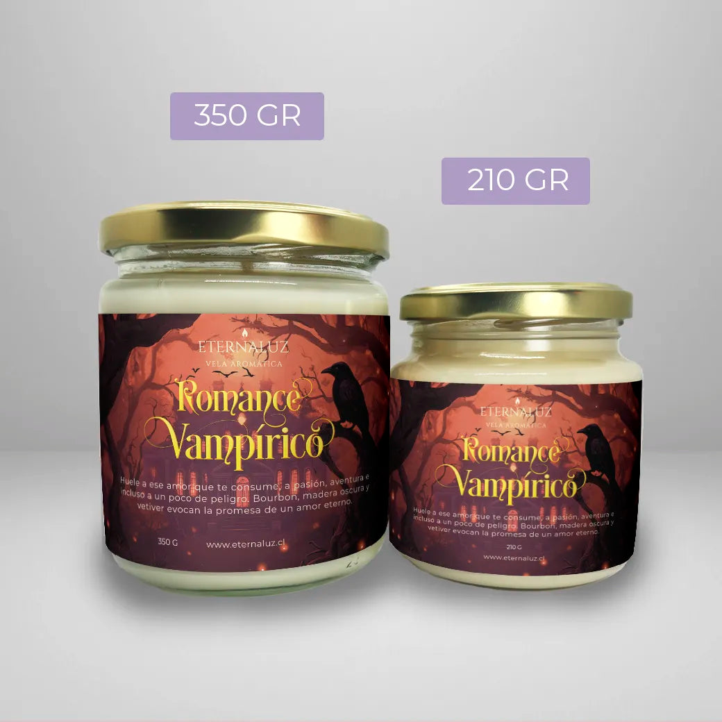 Vela aromática Romance Vampírico de Eternaluz con aroma a bourbon, madera oscura y vetiver profundo