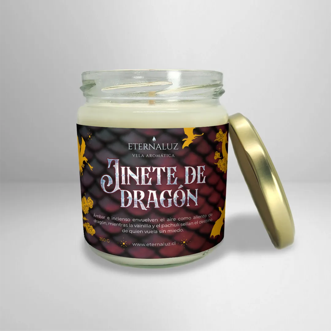 Vela aromática Jinete de Dragón de Eternaluz con aroma a ámbar, incienso, vainilla y pachulí