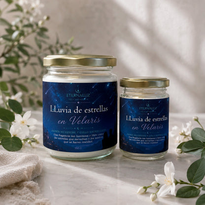 Vela aromática Lluvia de Estrellas en Velaris con aroma a jazmín silvestre y flores blancas, inspirada en una noche mágica bajo las estrellas