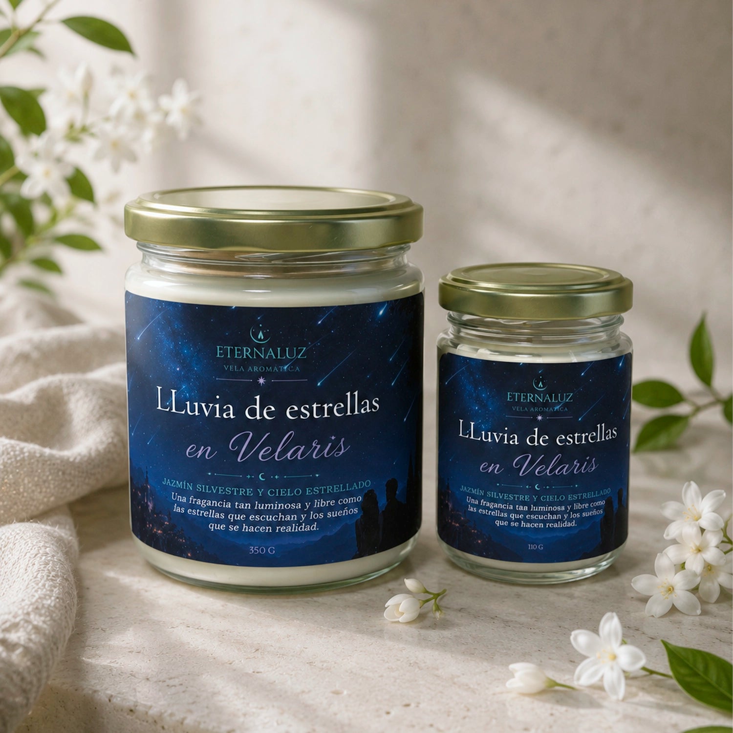 Vela aromática Lluvia de Estrellas en Velaris con aroma a jazmín silvestre y flores blancas, inspirada en una noche mágica bajo las estrellas