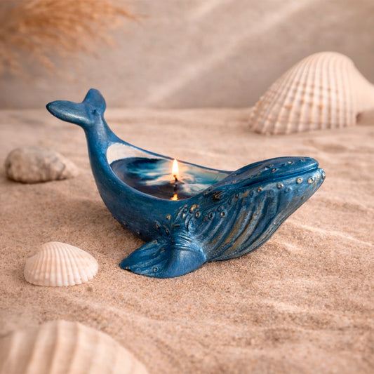 Vela en forma de ballena de concreto hecha a mano con aroma aire marino en tonos azul y cobre