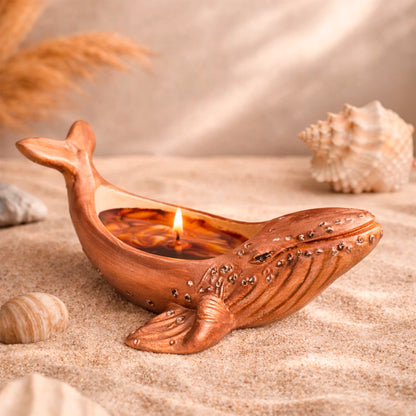Vela en forma de ballena de concreto hecha a mano con aroma aire marino en tonos azul y cobre