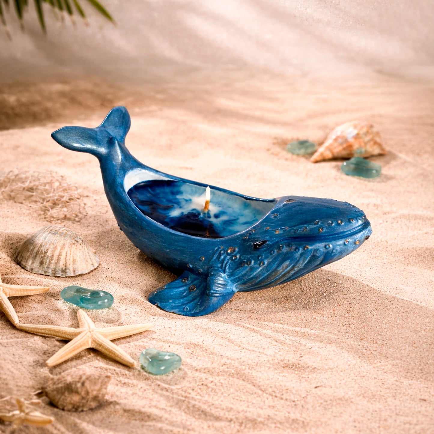 Vela en forma de ballena de concreto hecha a mano con aroma aire marino en tonos azul y cobre