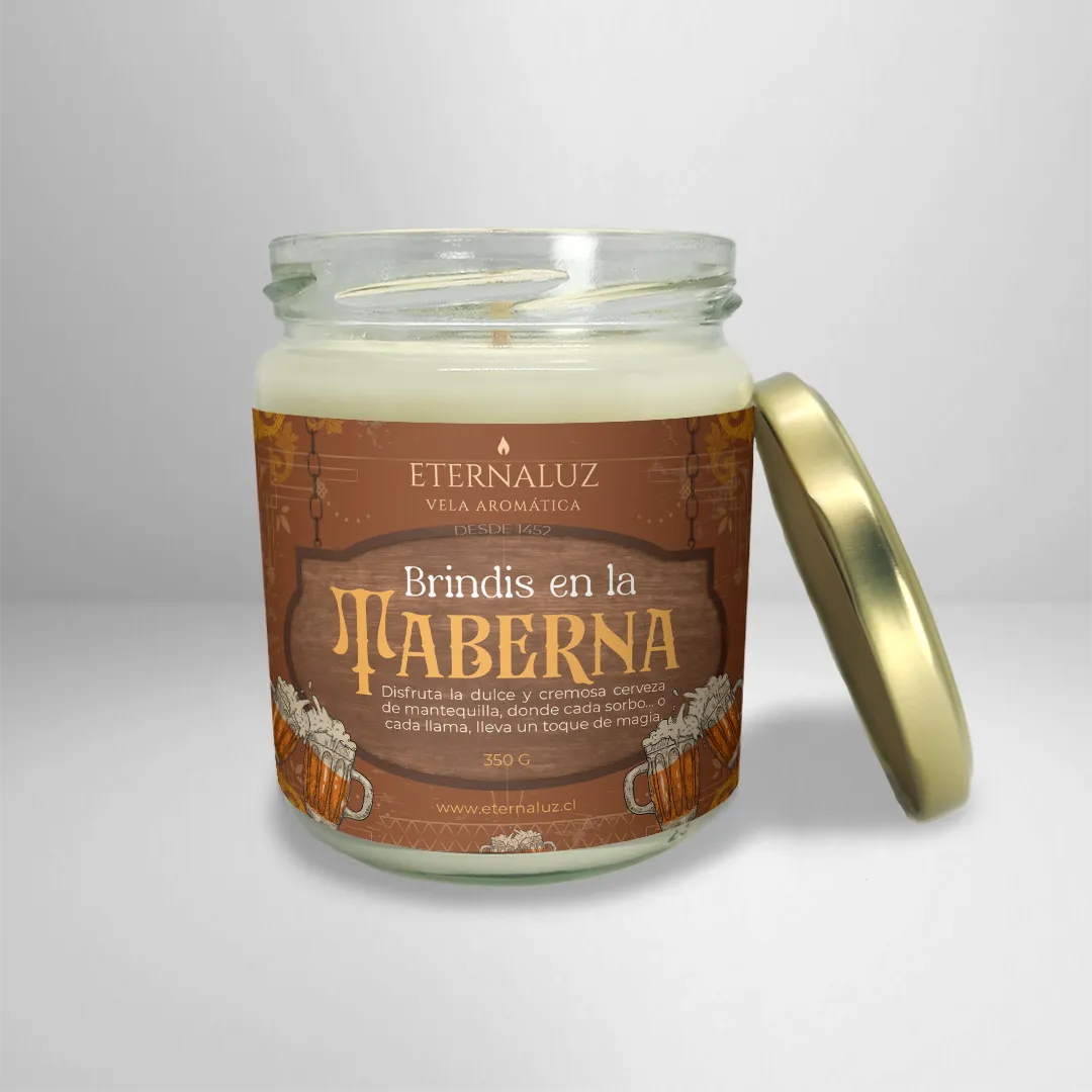 Vela aromática de soya  Brindis en la Taberna de Eternaluz con aroma a mantequilla dorada, azúcar caramelizado y vainilla