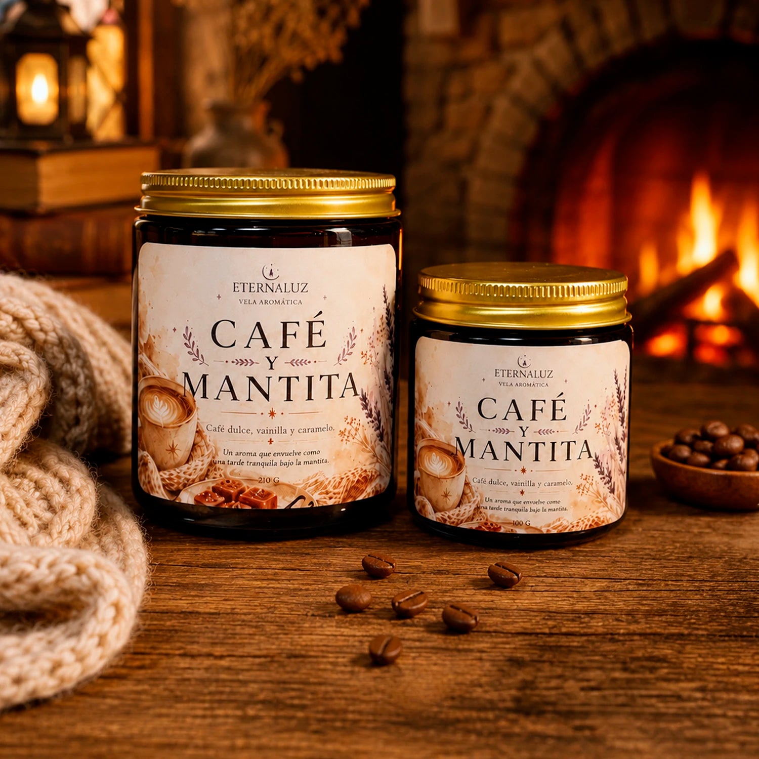 Vela aromática Café y Mantita con aroma a café tostado, vainilla y caramelo, ideal para lectura y momentos cozy