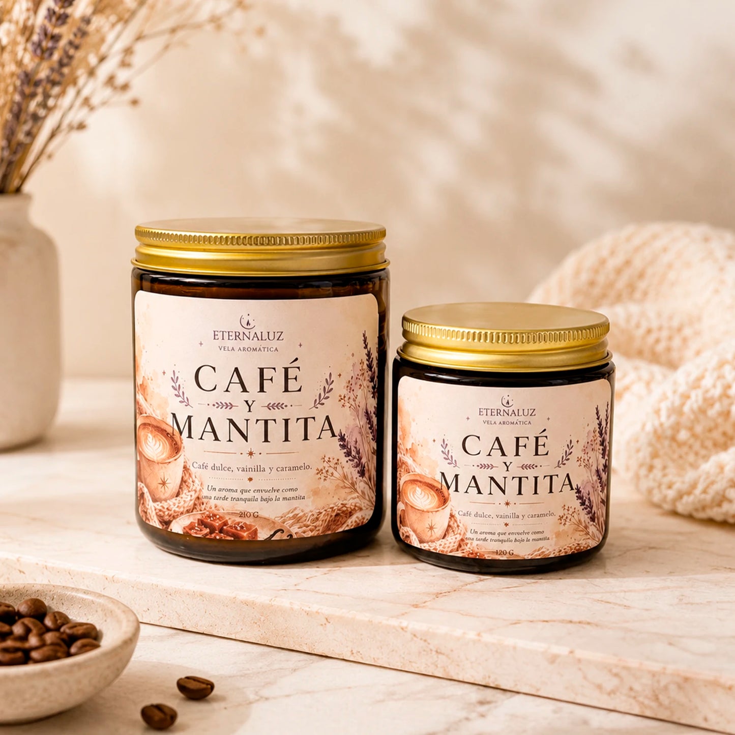 Vela aromática Café y Mantita con aroma a café tostado, vainilla y caramelo, ideal para lectura y momentos cozy