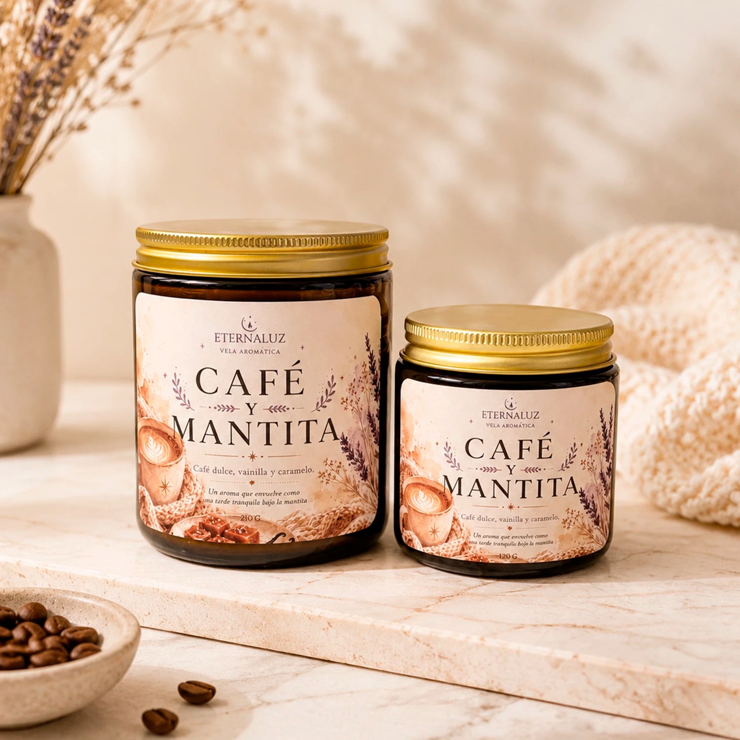 Vela aromática Café y Mantita con aroma a café tostado, vainilla y caramelo, ideal para lectura y momentos cozy