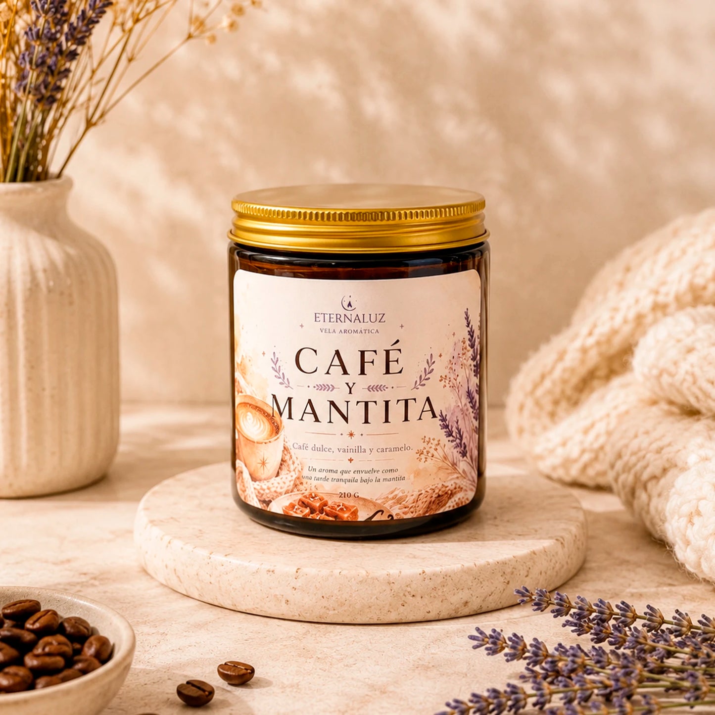 Vela aromática Café y Mantita con aroma a café tostado, vainilla y caramelo, ideal para lectura y momentos cozy