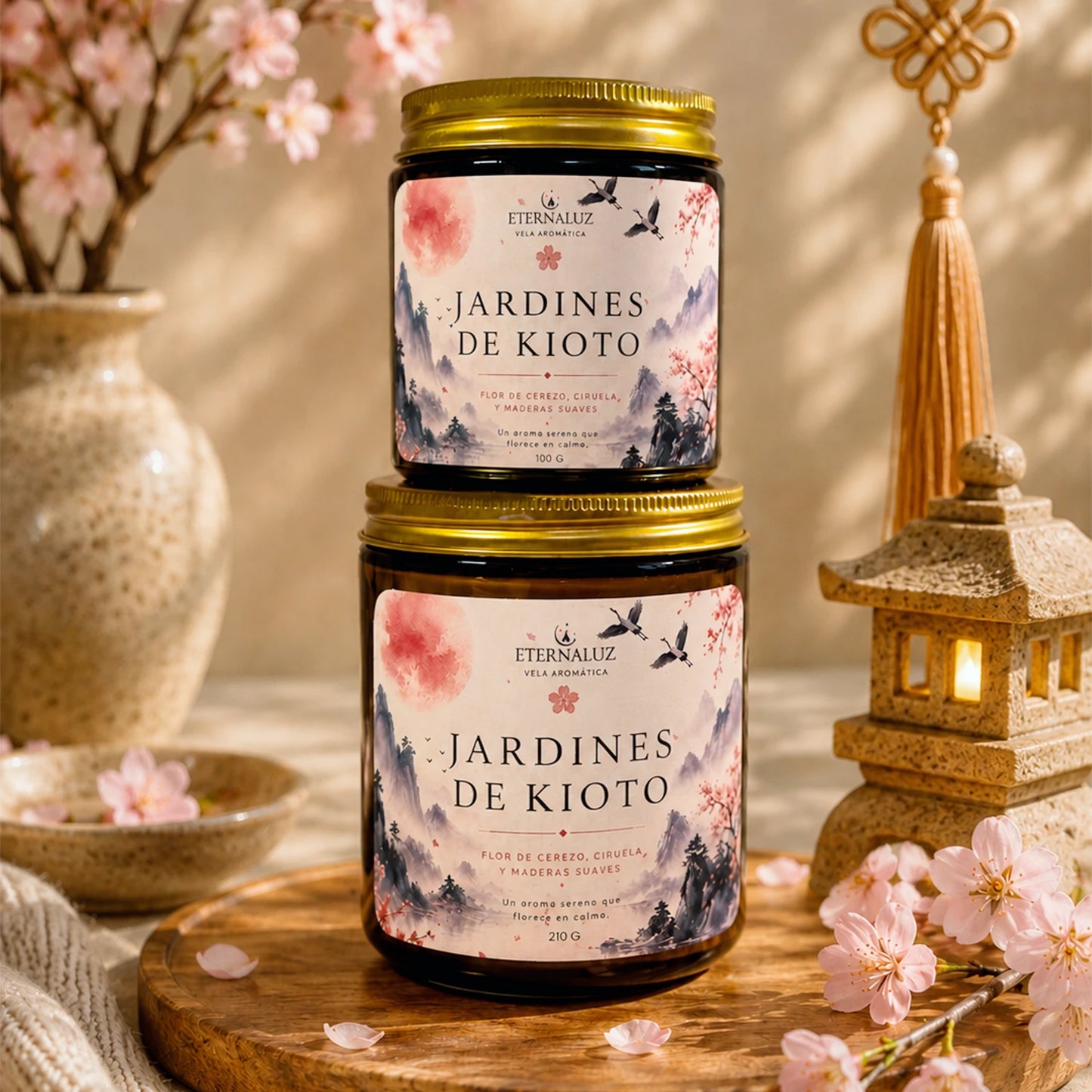 Vela aromática Jardines de Kioto con aroma a flor de cerezo, ciruela, sándalo y ámbar, inspirada en jardines japoneses