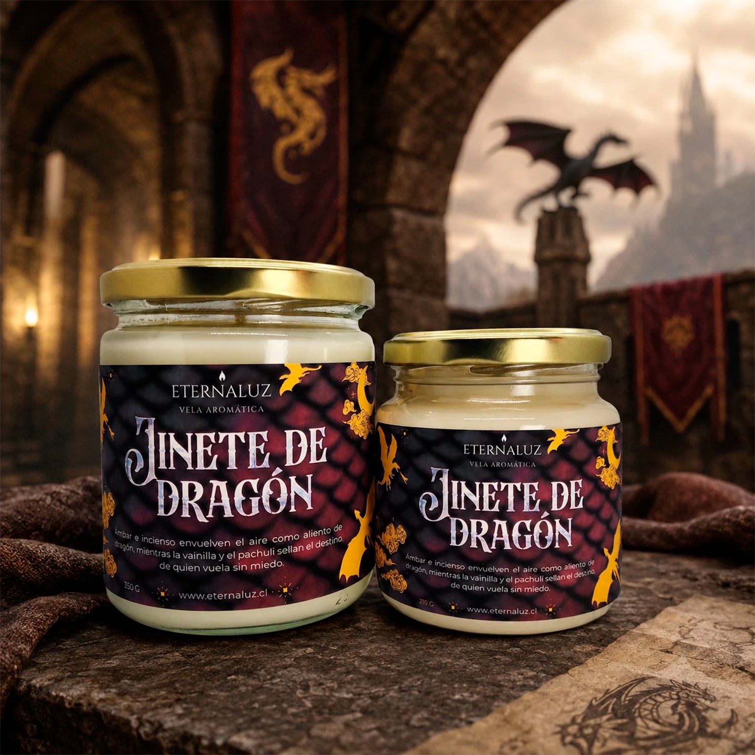 Vela aromática Jinete de Dragón de Eternaluz con aroma a ámbar, incienso, vainilla y pachulí