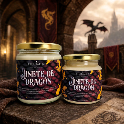 Vela aromática Jinete de Dragón de Eternaluz con aroma a ámbar, incienso, vainilla y pachulí