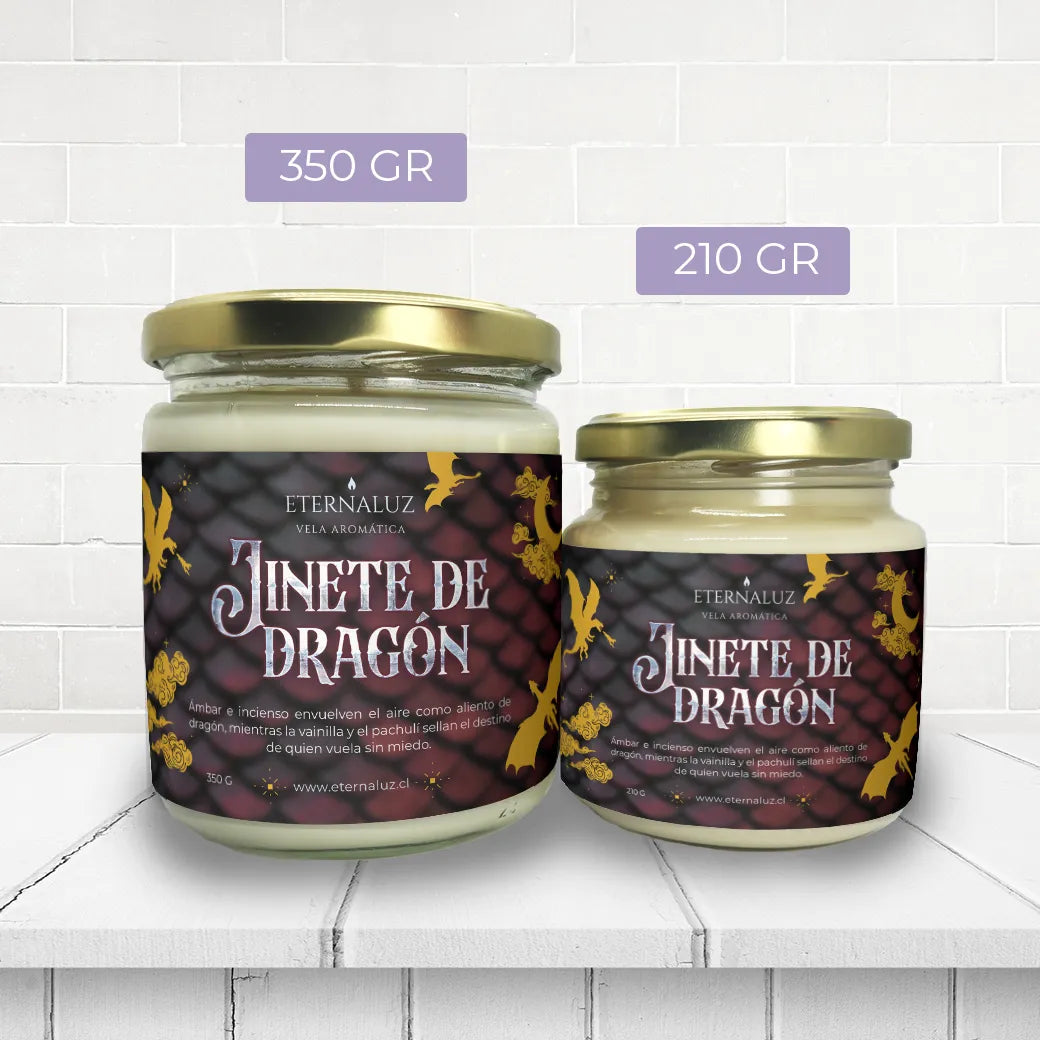 Vela aromática Jinete de Dragón de Eternaluz con aroma a ámbar, incienso, vainilla y pachulí