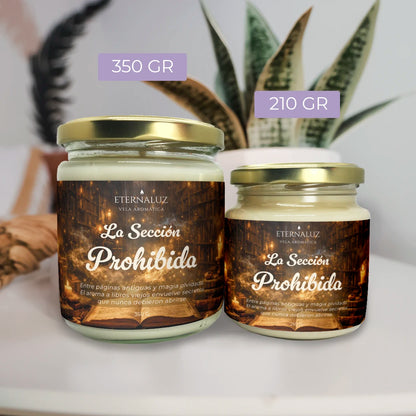 Vela La Sección Prohibida con aroma a libros antiguos, cuero y madera inspirados en bibliotecas mágicas.