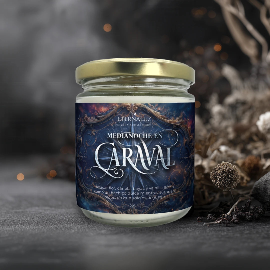 Vela literaria inspirada en fantasía tipo Caraval con aroma dulce a azúcar, canela y vainilla estilo feria nocturna mágica.