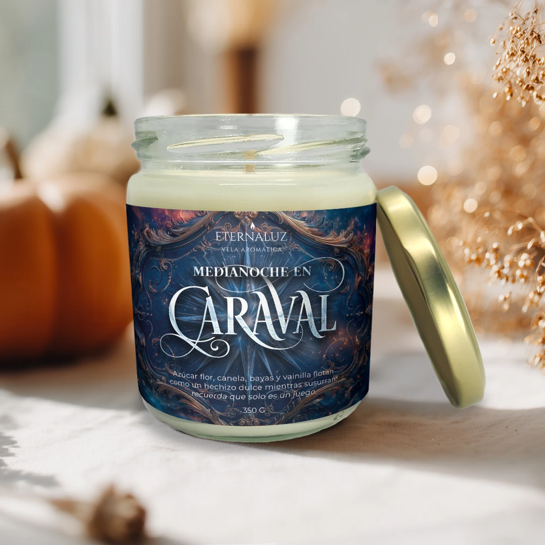 Vela literaria inspirada en fantasía tipo Caraval con aroma dulce a azúcar, canela y vainilla estilo feria nocturna mágica.